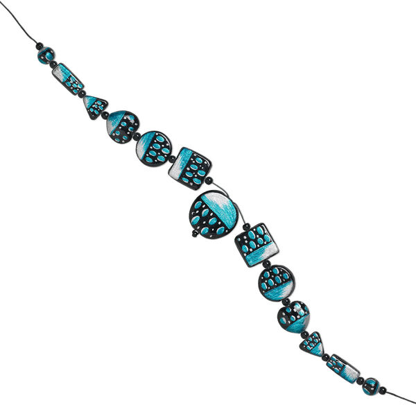 Bead set, glass and waxed cotton cord, teal / black / silver, (1) 35mm round, (2) 25x25mm square, (2) 25mm flat round, (2) 22x21mm puffed heart, (2) 18x18x17mm triangle, (2) 24x10mm rectangle, (2) 12mm round, (12) 5-6mm spacers, double-sided, 16-inches. Sold per 13-piece set. image number 0