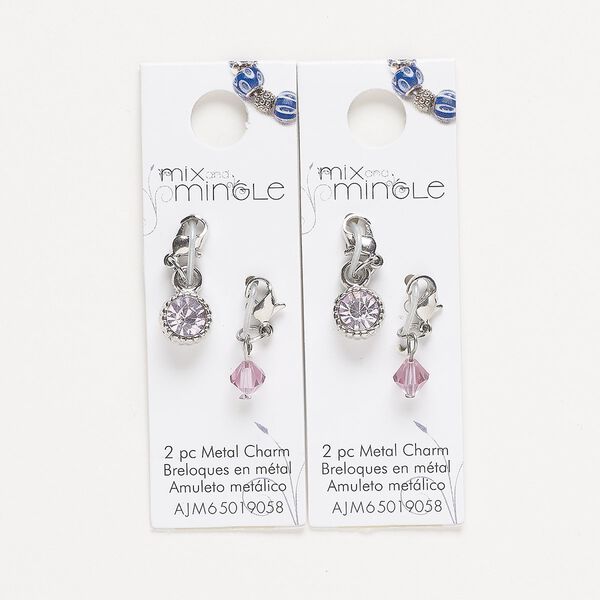 Drop, silver-finished "pewter" (zinc-based alloy) / steel / glass, light pink, 22x7mm single-sided and 24x9mm single-sided with lobster claw clasp. Sold per pkg of (2) 2-piece sets. image number 0