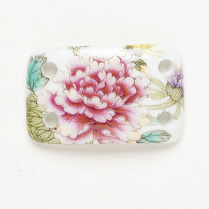 Focal 1pkg1, ceramic, pink / green / white, 42x27mm curved rectangle with 4 holes.