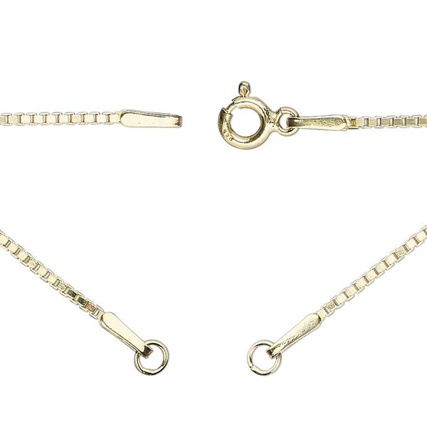 Sterling silver "vermeil" 1pkg1, 1.1mm square box chain necklace component, 16.75 inch / 5mm springring clasp / 3.5mm jump ring gold-plated image number 0