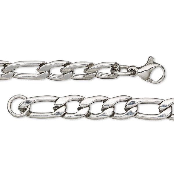 Chain, stainless steel, 6.25mm figaro, 7-1/2 inches with lobster claw clasp. Sold per pkg of 2. image number 0