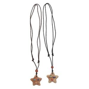 Necklace, porcelain and waxed cotton cord (dyed), multicolored, 41x38mm and 42x40mm single-sided hand-painted textured star, adjustable 16 to 32 inches. Sold per pkg of 2.
