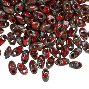 Seed bead, Miyuki, glass, pkg/250g, 7x4mm long magatama, opaque Picasso red, (LMA-4513).