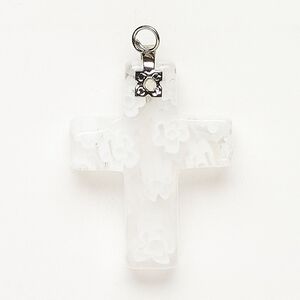 Focal 1pkg1 silver-finished steel and millefiori glass, translucent and transparent clear and white, 30x20mm-32x24mm cross.