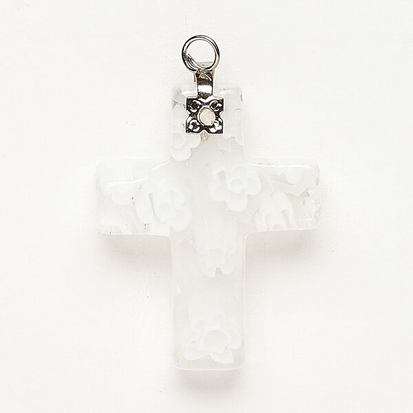 Focal 1pkg1 silver-finished steel and millefiori glass, translucent and transparent clear and white, 30x20mm-32x24mm cross. image number 0