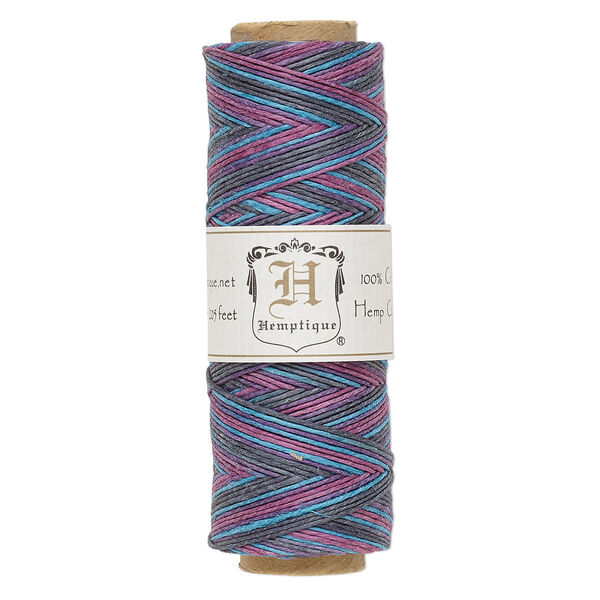 Cord, Hemptique®, polished hemp, variegated purple / blue / violet, 0.5mm diameter, 10-pound test. Sold per 205-foot spool. image number 0
