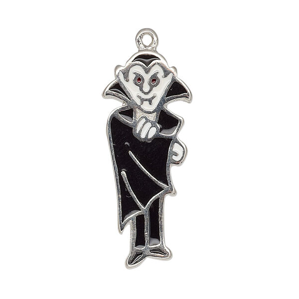 Charm, enamel and silver-plated "pewter" (zinc-based alloy), black / white / red, 32x13mm single-sided vampire. Sold individually. image number 0