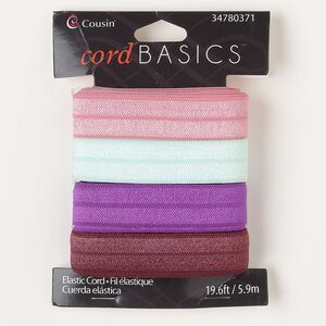 Cord, elastic, assorted colors, 15mm flat. Sold per pkg of (4) 5.9-meter sections.