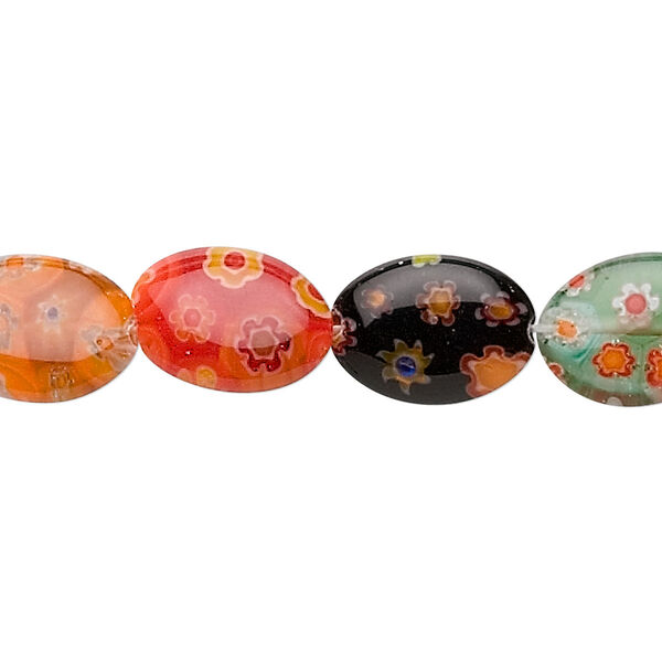 Bead, millefiori glass, multicolored, 14x10mm flat oval. Sold per 15-1/2" to 16" strand. image number 0