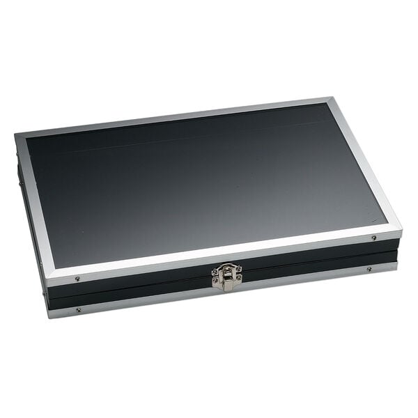 Display case, aluminum / acrylic / glass, black, 12 x 8 x 1-3/4 inches, for rings. Sold individually. image number 0