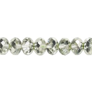 Bead, Czech fire-polished glass, translucent metallic mint, 9x5mm faceted rondelle. Sold per 15-1/2" to 16" strand.