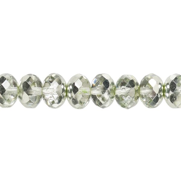 Bead, Czech fire-polished glass, translucent metallic mint, 9x5mm faceted rondelle. Sold per 15-1/2" to 16" strand. image number 0