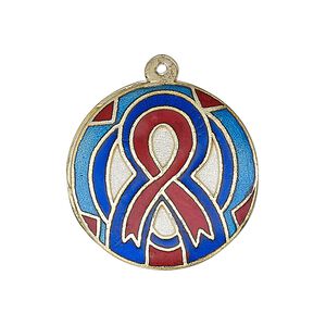 Drop, enamel and gold-finished brass, multicolored, 25-26mm single-sided flat round with awareness ribbon design. Sold per pkg of 2.