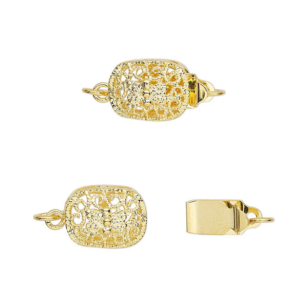 Clasp, tab, gold-plated brass, 12x9mm filigree oval. Sold per pkg of 4. image number 0