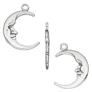 Charm, antiqued sterling silver, 19x17mm double-sided moon face. Sold individually.