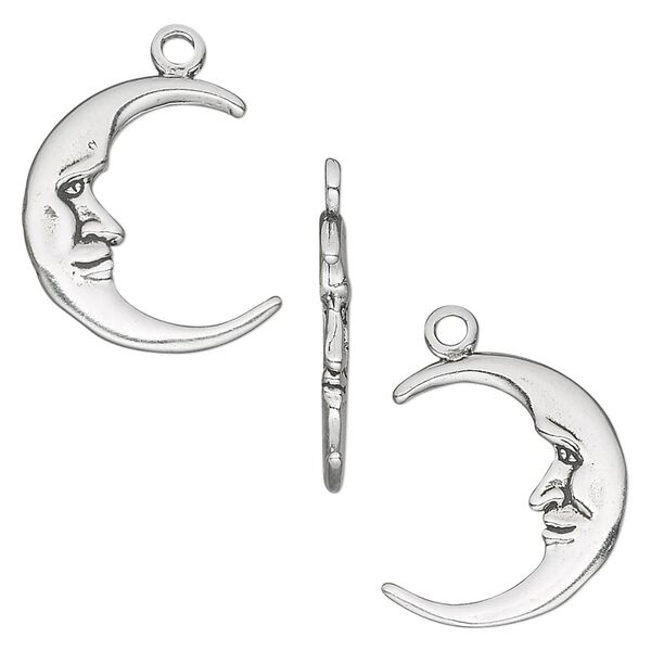 Charm, antiqued sterling silver, 19x17mm double-sided moon face. Sold individually. image number 0