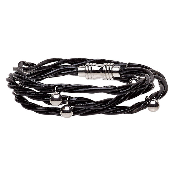 Bracelet, 3-strand wrap, leather (dyed) and stainless steel, black, 10mm wide twisted with 6mm round, 6-1/2 inches with magnetic clasp. Sold individually. image number 0