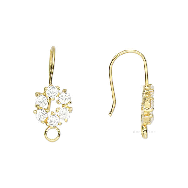 Ear wire, cubic zirconia and gold-finished sterling silver, clear, 21.5mm fishhook with 9mm faceted flower and closed loop, 20 gauge. Sold per pair. image number 0