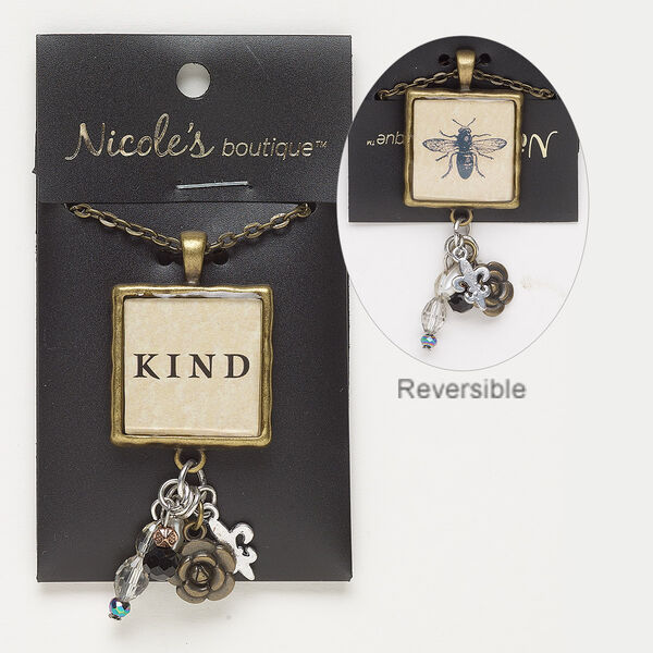 Necklace, glass / antique silver-finished "pewter" (zinc-based alloy) / antique brass-finished steel / copper-finished acrylic, multicolored, 65x28mm with two-sided square with "KIND" and bee design, 24 inches with lobster claw clasp. Sold individually. image number 0