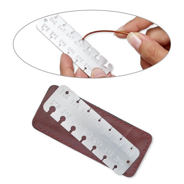 Wire gauge tool, steel and leather, red, 3-5/16 x 1 inch with carrying case. Sold individually. image number 0