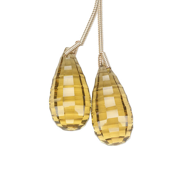 Bead, golden quartz (heated), 20x10mm hand-cut top-drilled checkerboard-faceted briolette, B+ grade, Mohs hardness 7. Sold per pkg of 2 beads. image number 0