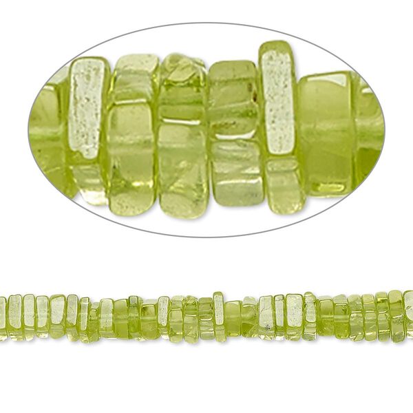 Bead, peridot (natural), 4x1mm-6x2mm hand-cut square rondelle, B grade, Mohs hardness 6-1/2 to 7. Sold per 8-inch strand, approximately 95-150 beads. image number 0