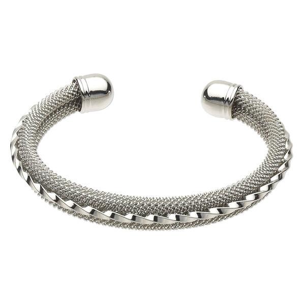 Bracelet, cuff, imitation rhodium-finished brass, 9mm wide with mesh design, 2-1/2 inch inside diameter with bell-shaped end caps. Sold individually. image number 0