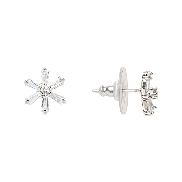 Earstud, cubic zirconia / silver-plated brass / plastic, clear, 11x10mm flower. Sold per pair. image number 0