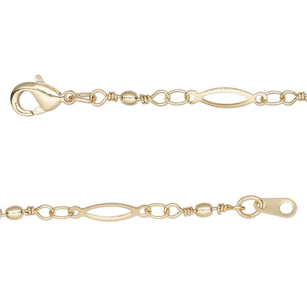 Chain, gold-finished brass, 11x2mm open oval and handmade wire-wrapped links with 2mm ball, 18 inches with lobster claw clasp. Sold individually. image number 0