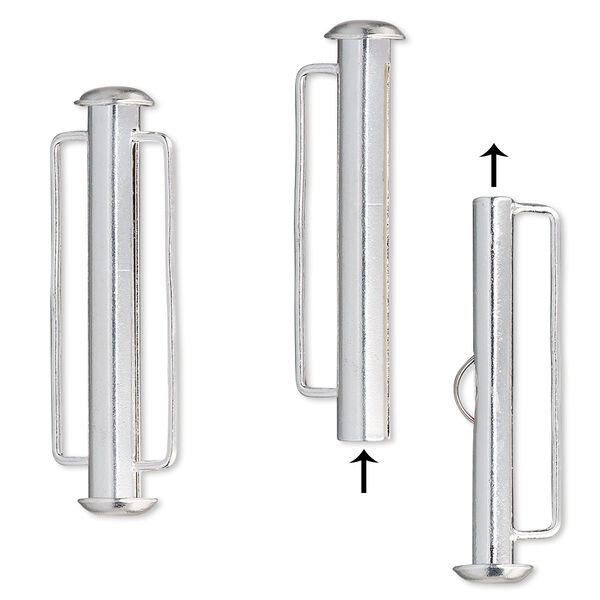 Clasp, slide lock, silver-plated brass, 31x6mm round tube. Sold per pkg of 4. image number 0