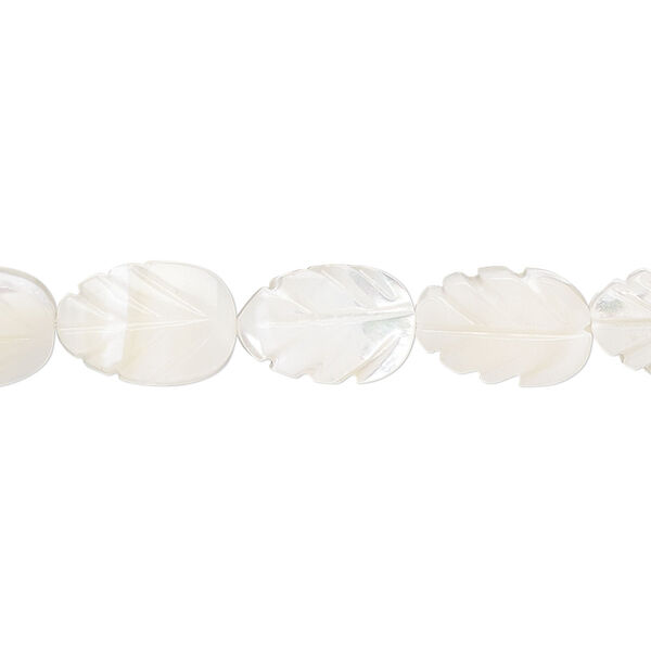 Bead, mother-of-pearl shell (bleached), white, 12x8mm carved hand-carved leaf, Mohs hardness 3-1/2. Sold per 15-1/2" to 16" strand. image number 0