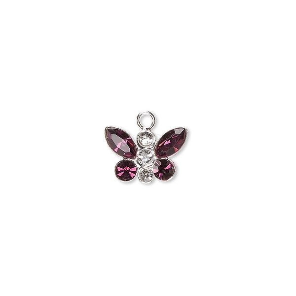 Charm, crystals and sterling silver, crystal clear and amethyst, 12x8mm butterfly. Sold individually. image number 0