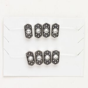 Bead spacer brass 8pk 11x6mm textured hexagon, antique silver finish clear fits up to 5mm beads