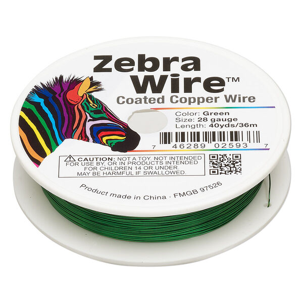 Wire, Zebra Wire™, color-coated copper, green, round, 28 gauge. Sold per 40-yard spool. image number 0