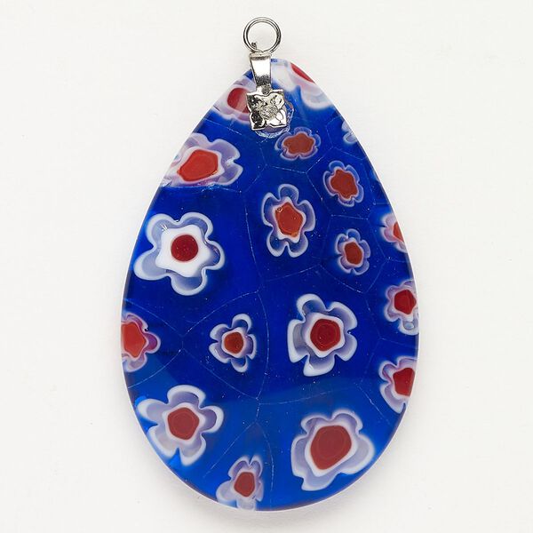 Focal 1pkg1 silver-finished steel and millefiori glass, translucent and transparent cobalt blue / red / white, 47x30mm-48x33mm puffed teardrop. image number 0