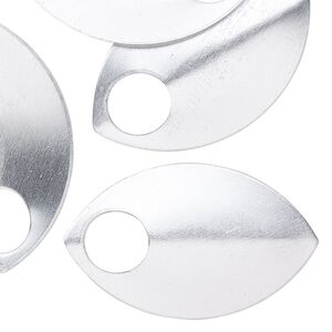 Component, anodized aluminum, silver, 36x22mm 2-sided curved scale blank with 8mm hole, 20 gauge. Sold per pkg of 20.