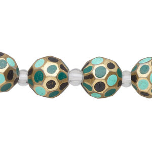 Bead, glass 1pkg4, teal green / black / gold, 12mm hand-painted faceted round.