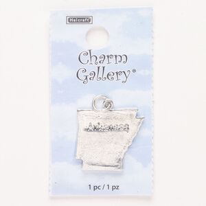 Charm, steel and enamel, pkg/1, silver finish and black, 23x21mm with "Arkansas."