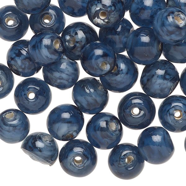 Bead, lampworked glass, opaque steel blue, 8mm round with swirl design. Sold per 2-ounce pkg, approximately 70 beads. image number 0