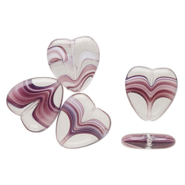 Bead, glass, multi-purple and clear, 23x22mm puffed heart with swirls. Sold per pkg of 5. image number 0