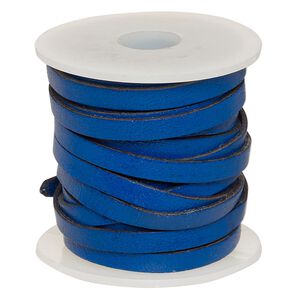 Cord, leather, blue, 4mm flat. Sold per 5-yard spool.