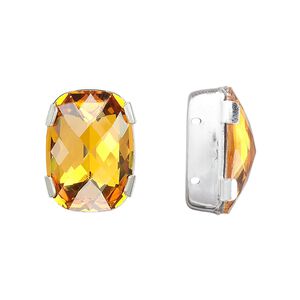 Spacer bar, crystal and silver-plated brass, Crystal Passions®, topaz, silver-foil back, 18x13mm double-drilled single-stone faceted rounded rectangle, 8mm between holes. Sold individually.