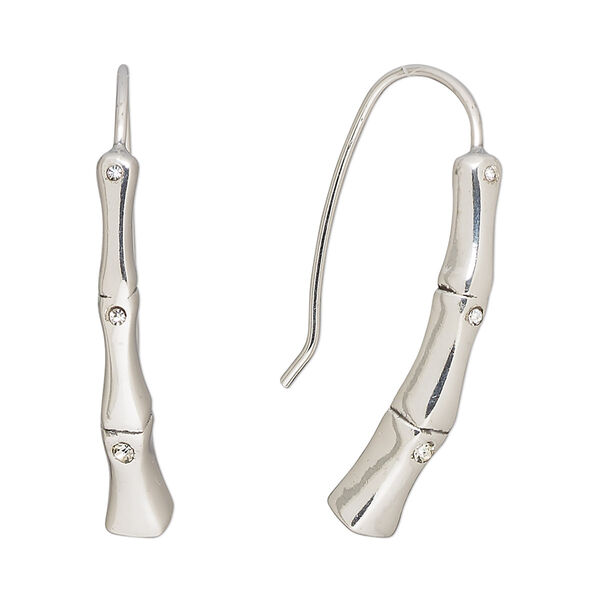 Earring, Create Compliments®, cubic zirconia and antiqued fine silver, electroformed, clear, 28mm bamboo with fishhook ear wire, 19 gauge. Sold per pair. image number 0