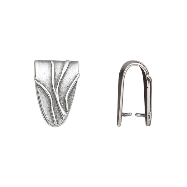 Bail, JBB Findings, ice-pick, antique silver-plated brass, 15x10mm shield with lines, 11.5mm grip length. Sold individually. image number 0