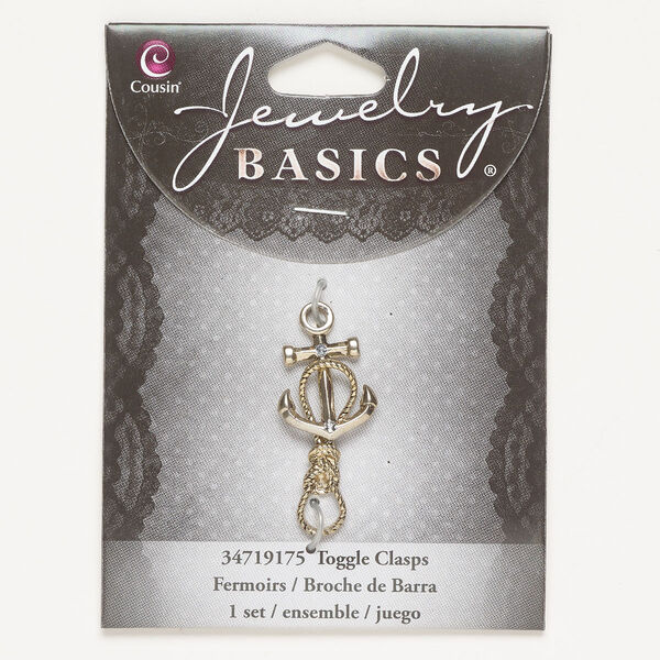 Clasp, toggle, brass and glass, pkg/1, 18x16mm anchor, gold finish and clear. image number 0