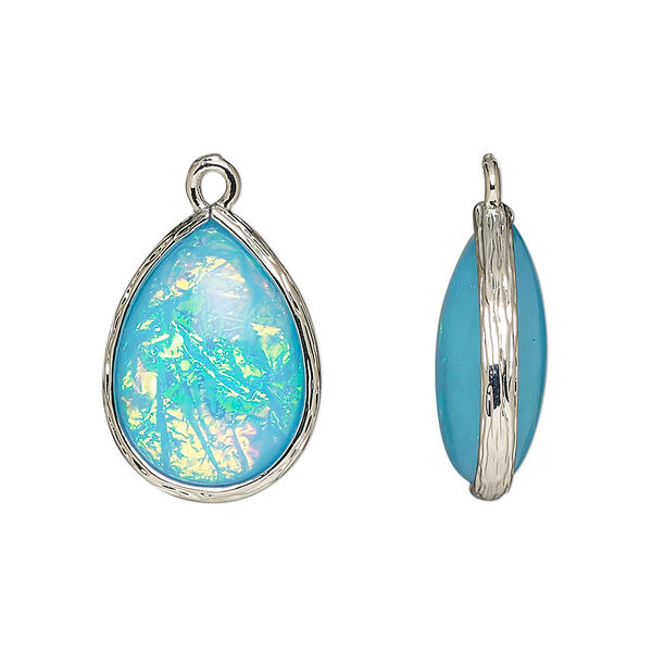 Drop, Opalized Ice™, "opal" (resin) and imitation rhodium-finished brass, opaque light blue, 19.5x15mm double-sided teardrop. Sold per pkg of 4. image number 0