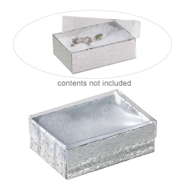Box, plastic and paper, "cotton"-filled, silver and clear, 3-1/4 x 2-1/4 x 1-inch rectangle. Sold per pkg of 10. image number 0