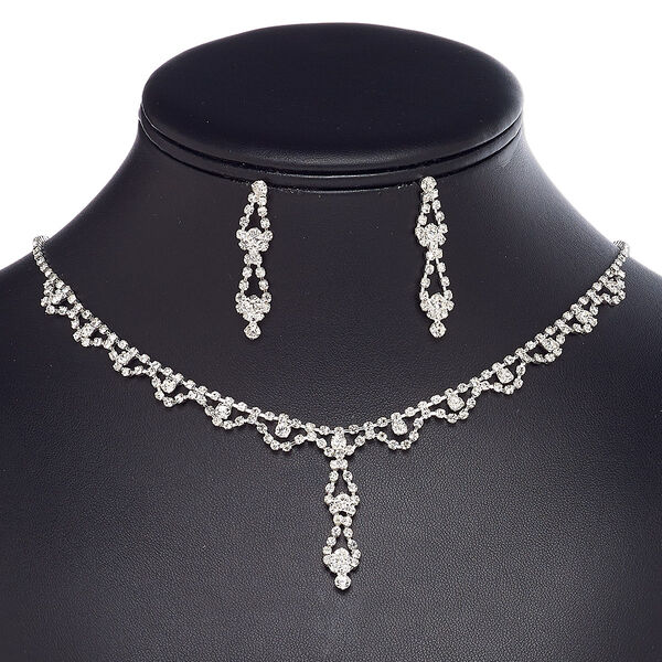 Necklace and earring set, glass rhinestone / plastic / imitation rhodium-plated brass / steel, clear, 1-1/2 inch dangle with cupchain and teardrop, 15" to 16" necklace with 3-inch extender chain and lobster claw clasp, 38mm earrings with post. Sold per set. image number 0