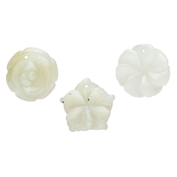 Sea green new "jade" 1pkg3, top-drilled carved flower drop natural B- grade, mix 25x20mm-27x27mm image number 0