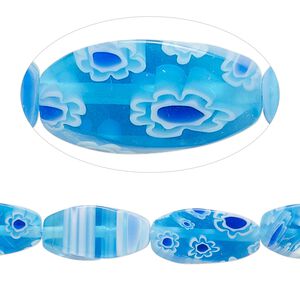 Bead, millefiori glass, translucent blue / white / cobalt, 16x8mm 4-sided twisted oval with 0.6-0.8mm hole. Sold per 15-inch strand.